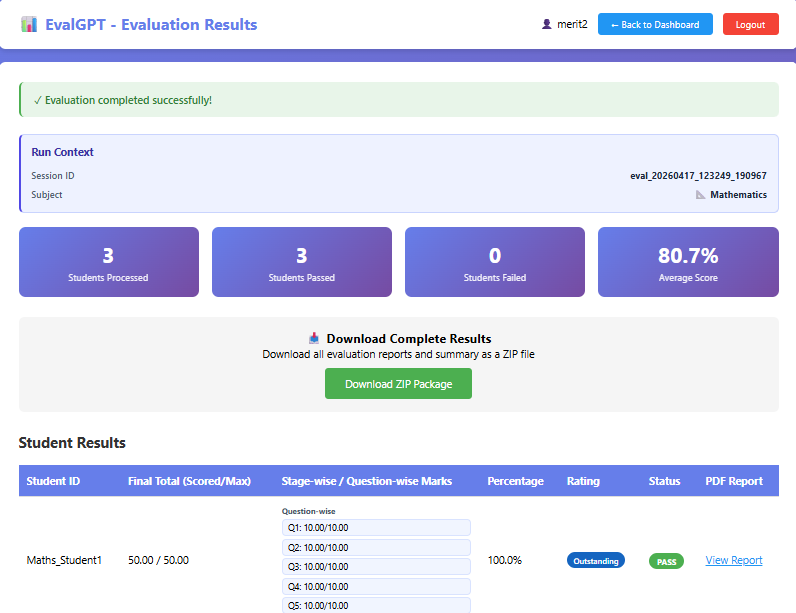 EvalGpt summary report screen